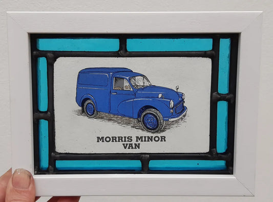 Morris Minor Van Stained Glass panel framed - classic cars