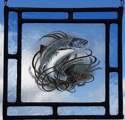 Salmon fish stained glass panel