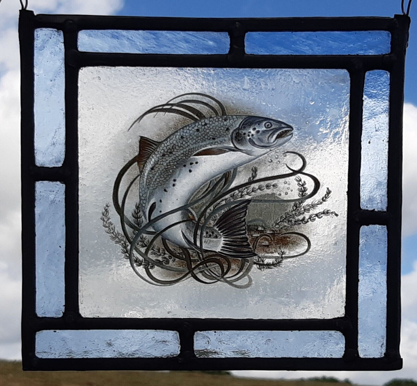 Salmon fish stained glass panel