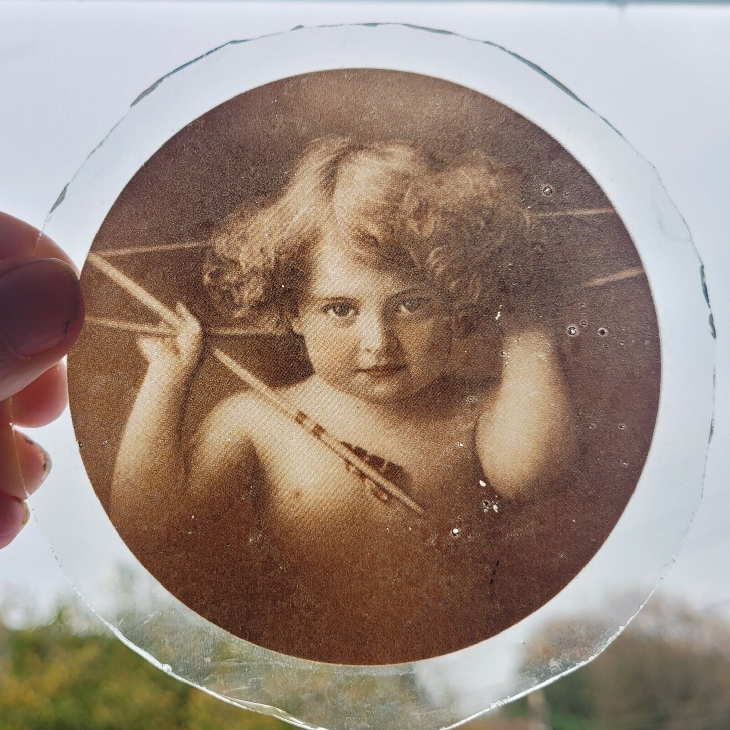 Cherub kiln fired roundel piece for stained glass version 3