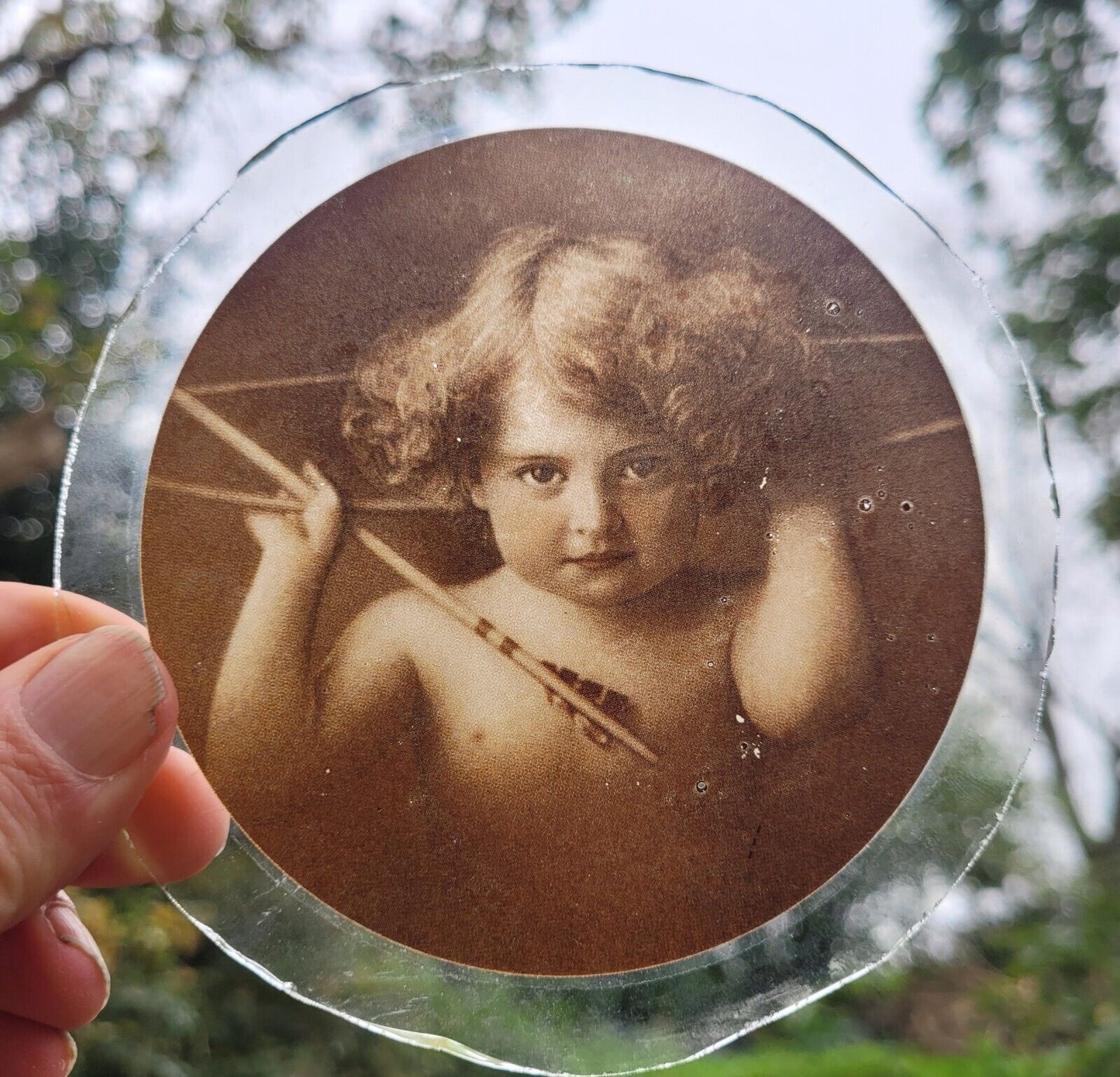 Cherub kiln fired roundel piece for stained glass version 3